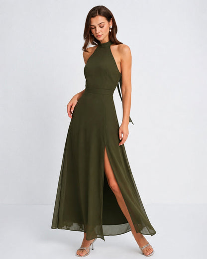 Green Mock Neck Chiffon Maxi Dress, Side Slit - view 3