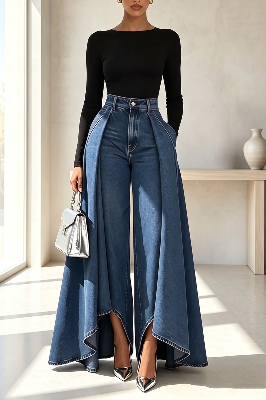 Denim Wide-Leg Jeans With High-Waist Overlay - 5
