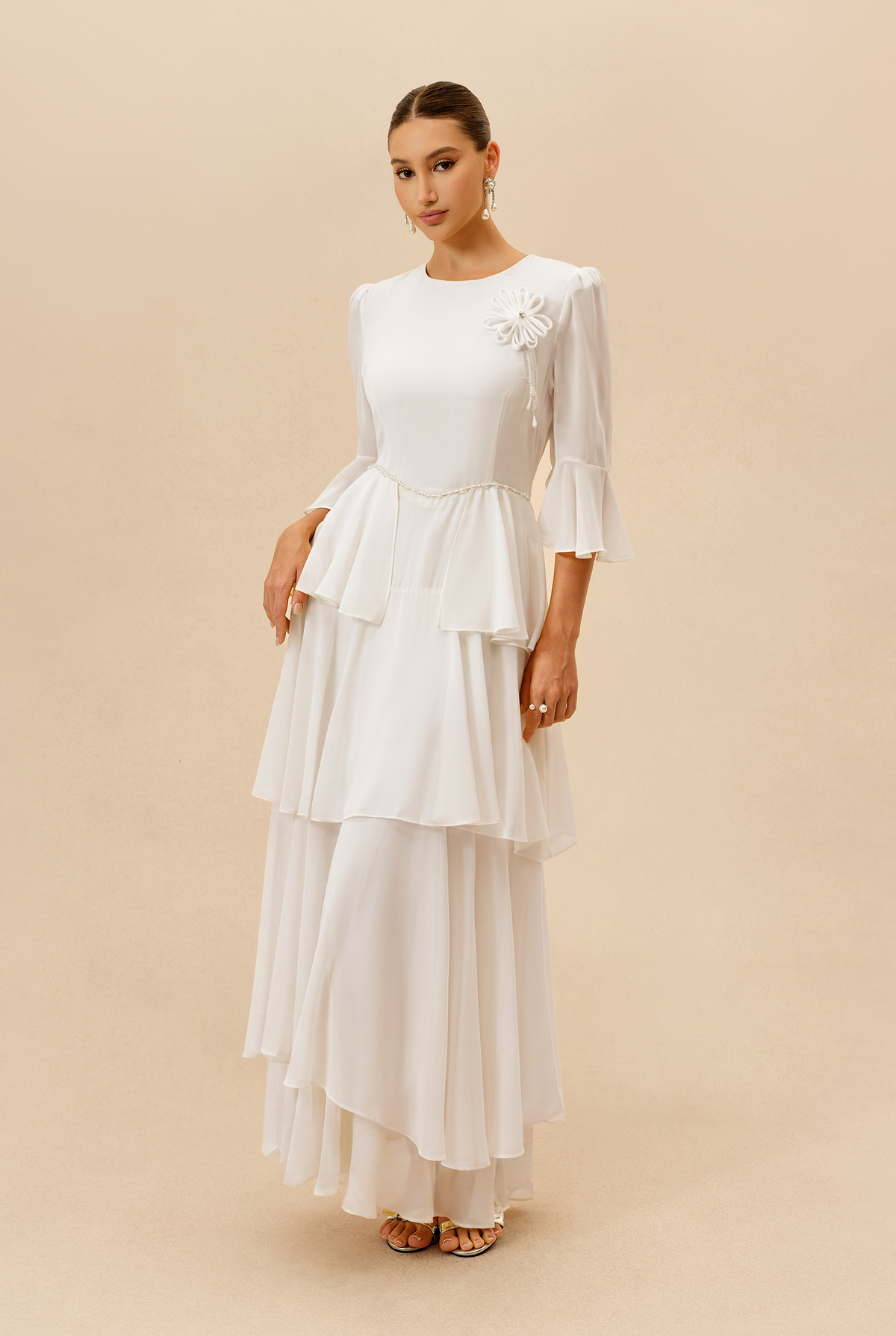 White tiered chiffon maxi dress with flared sleeves - view 5