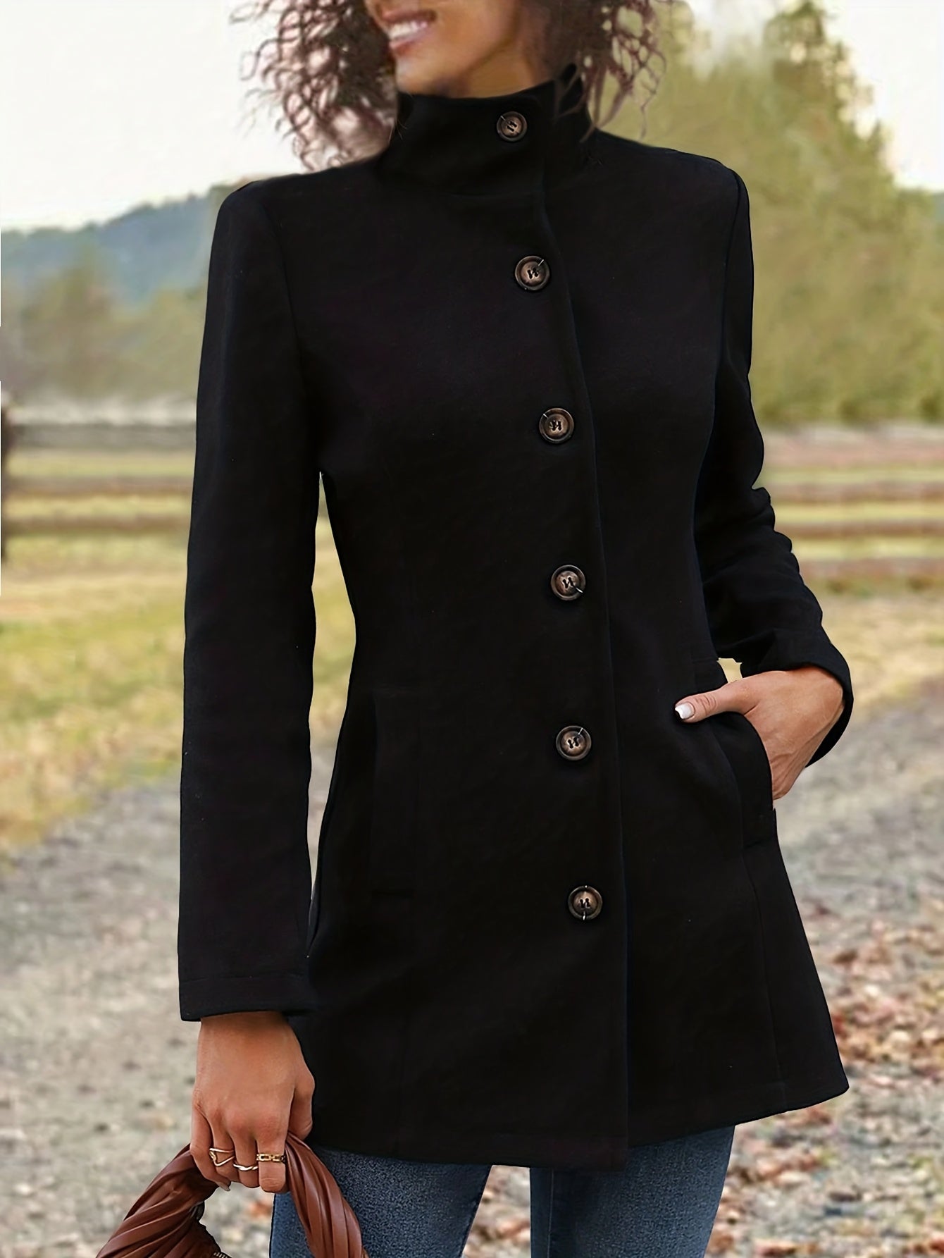 Waist-cinching mid-length coat with stand collar - view 19