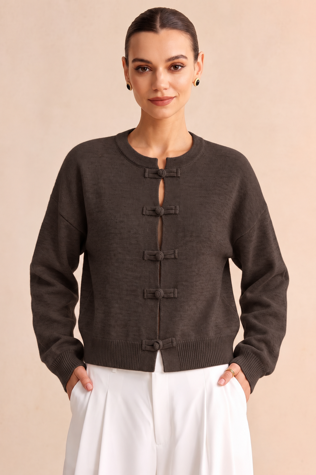 Beige Knit Round-Neck Frogging Cardigan - 6