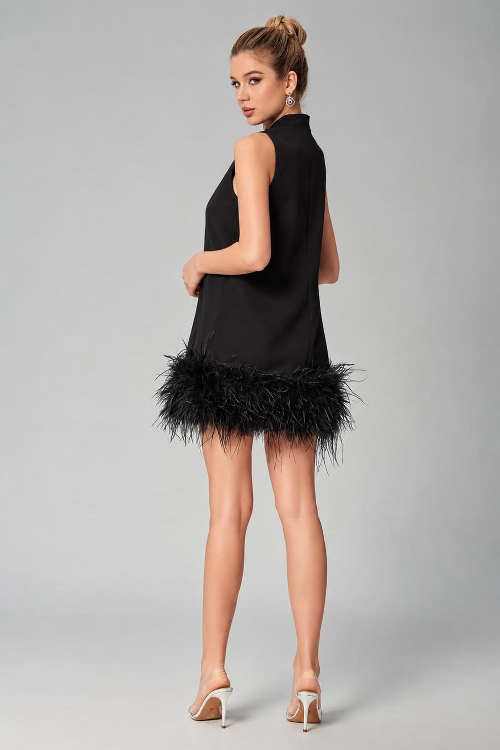 Mock Neck Sleeveless Mini Dress With Feather Hem Holiday Party-4