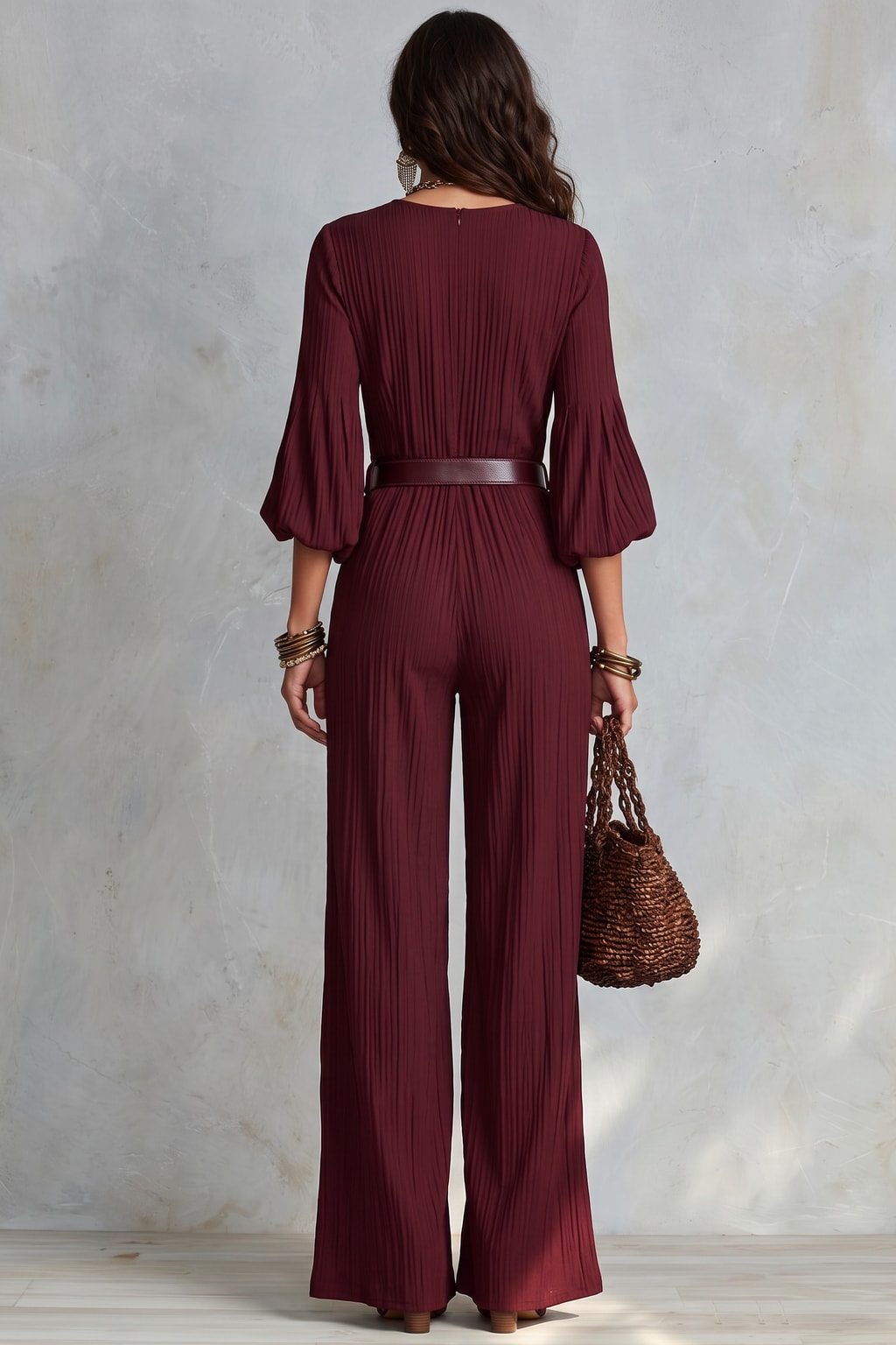Polyester Wide Leg Jumpsuit With Deep V-Neck - 3