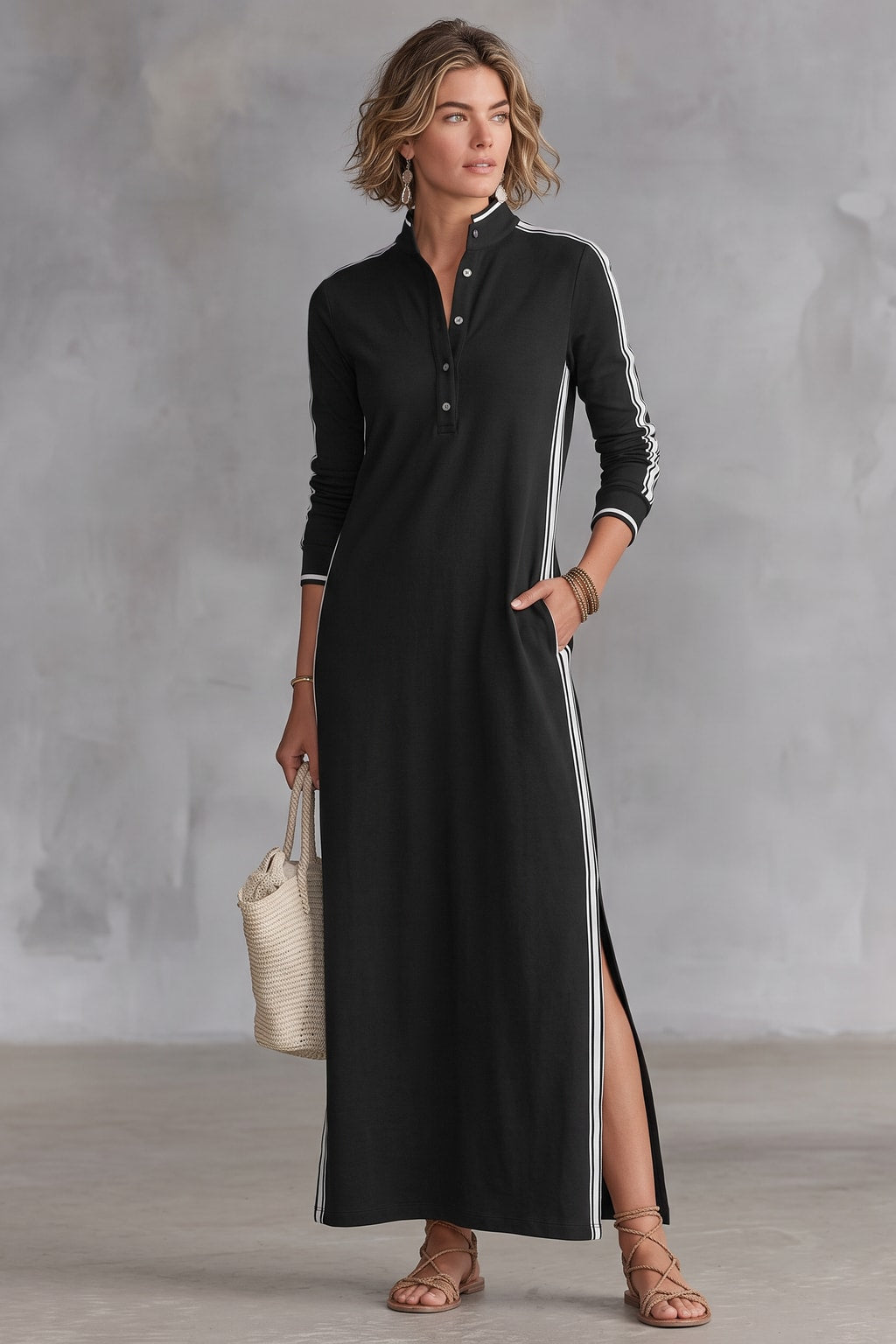 Cotton Maxi Dress Striped Trim Stand Collar - 3