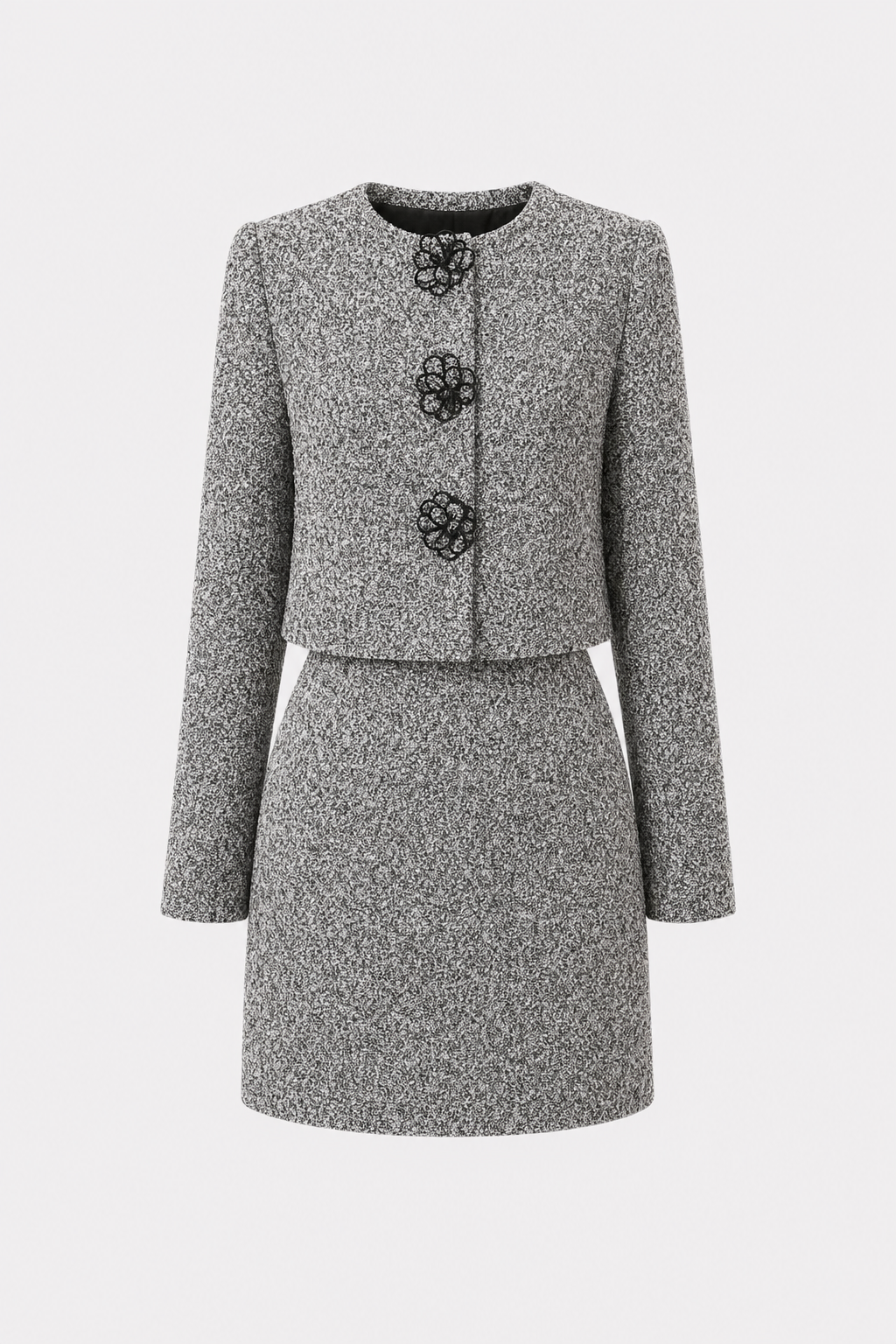 Black and white tweed blazer with 3D floral detail