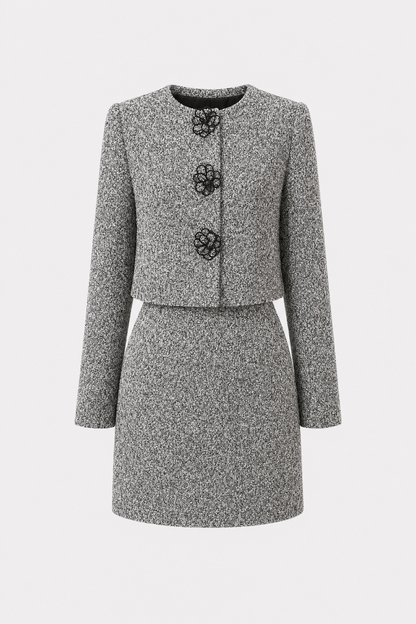 Black and white tweed blazer with 3D floral detail