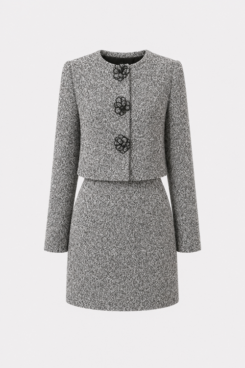 Black and white tweed blazer with 3D floral detail