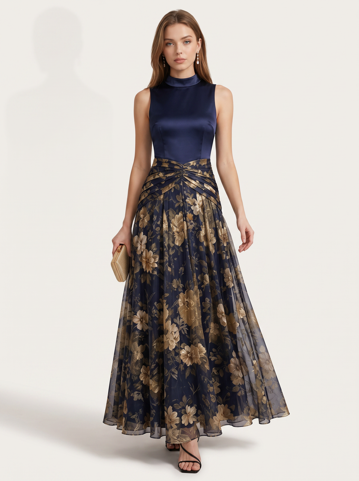 Navy Satin Maxi Dress With Tulle Hem - view 3