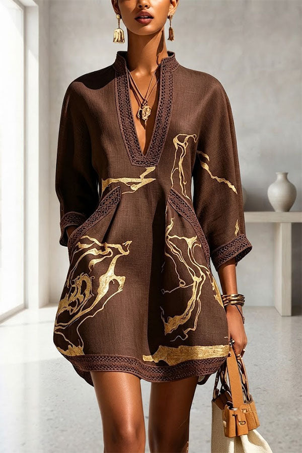 V-Neck Tunic Dress With Three-Quarter Sleeves - view 6