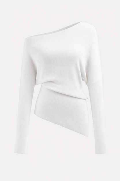 Wool-blend knit top with asymmetrical neckline