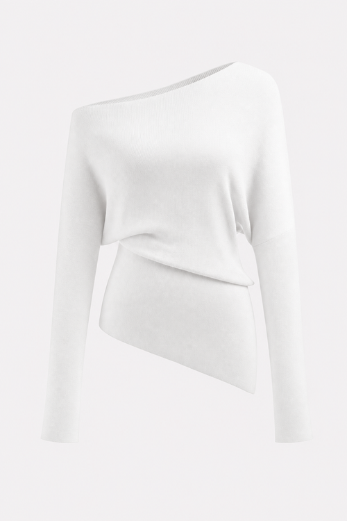 Wool-blend knit top with asymmetrical neckline
