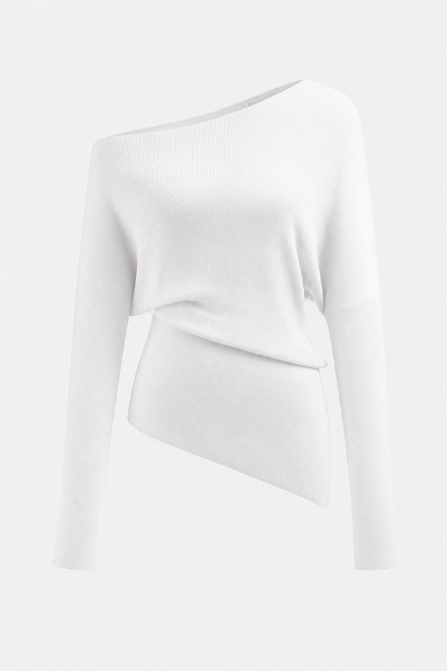 Wool-blend knit top with asymmetrical neckline