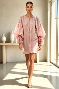 Polyester Mini Dress With Pleated Balloon Sleeves - 2