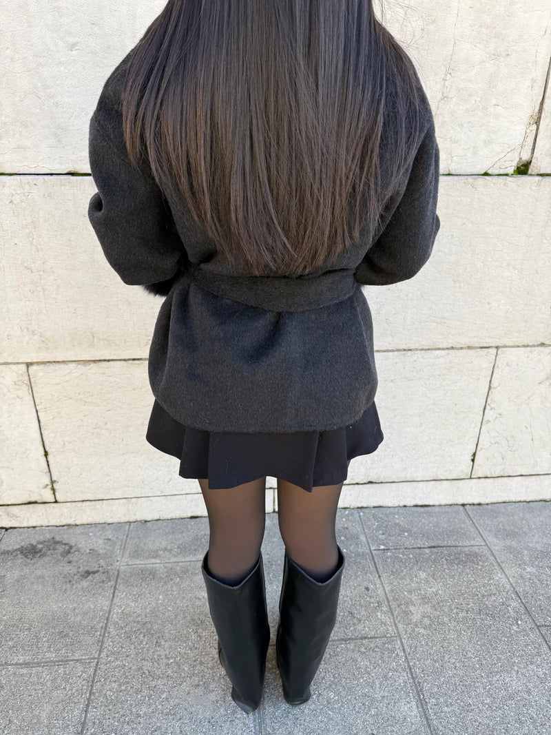 Faux Fur Collar Jacket with Cinched Waist - view 12