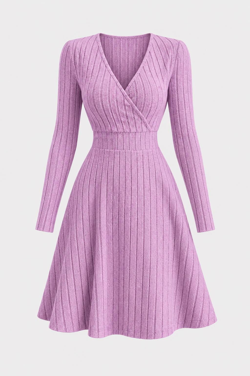 Stretch Knit A-Line Dress with V-Neck - 1