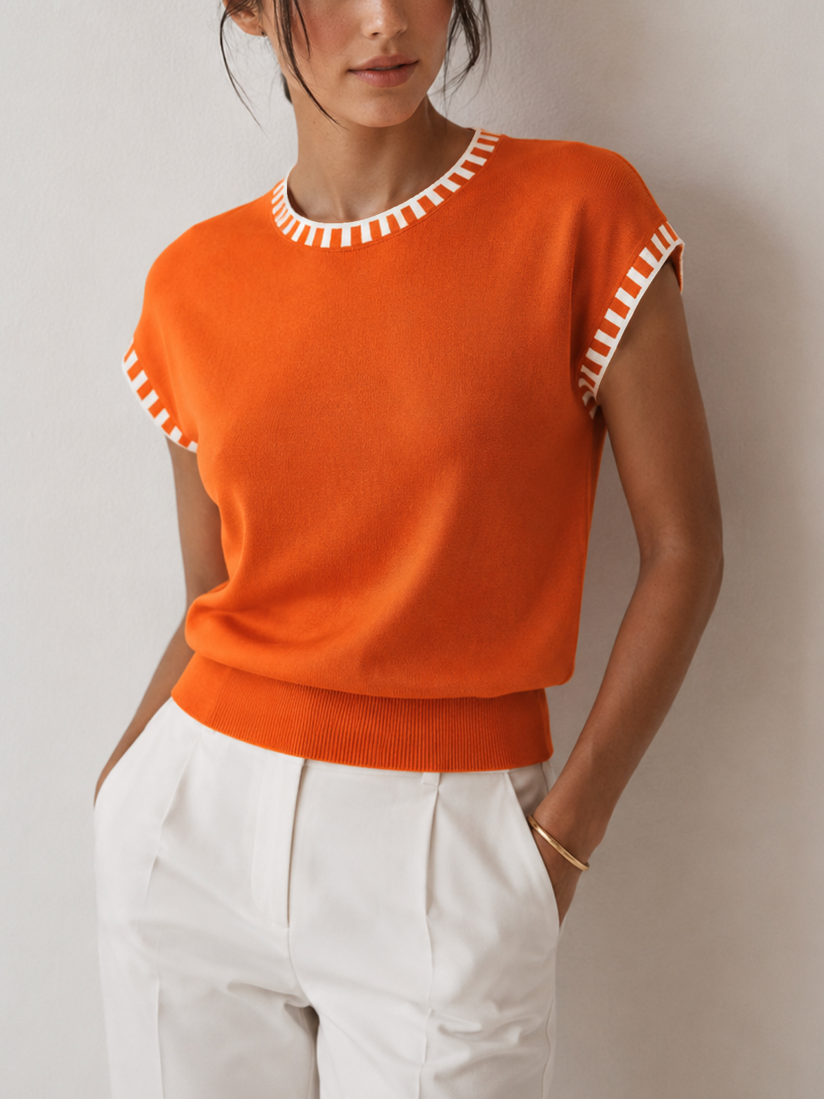 Contrast Trim Cap Sleeve Knit Top - view 2
