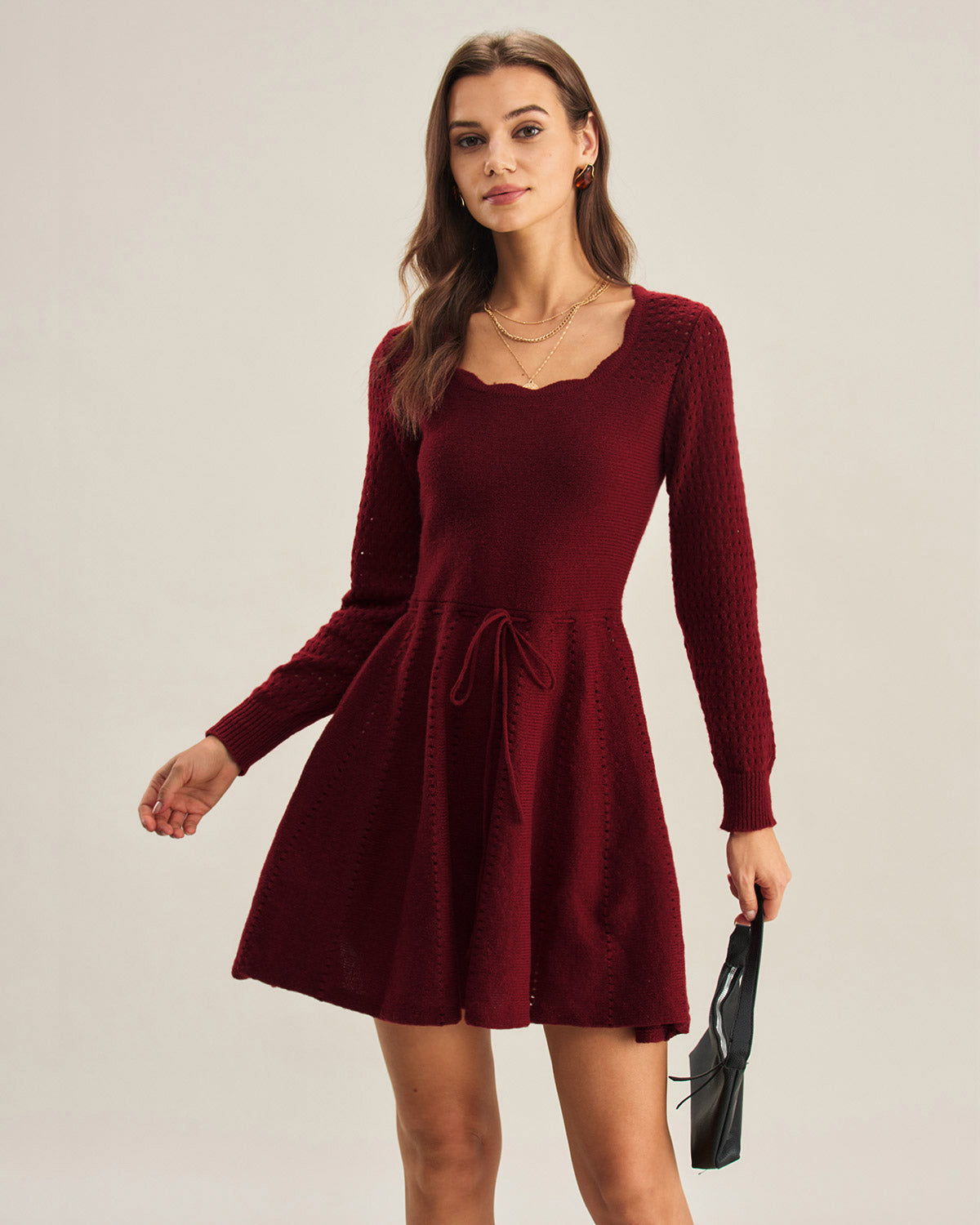 Wine Red A-Line Sweater Dress With Tie-Waist Ribbed Knit - 2