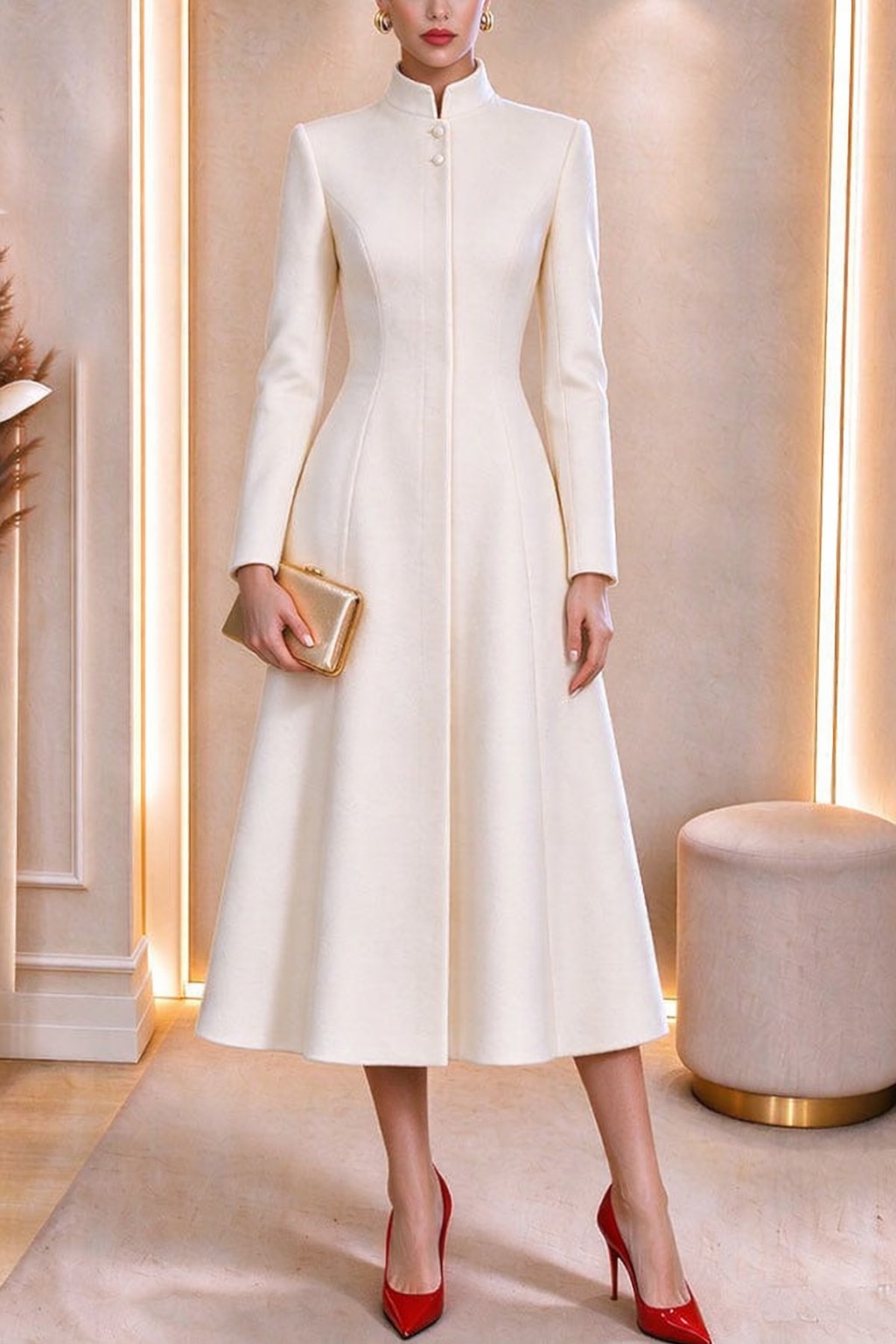 Polyester Midi Dress With Stand Collar And A-line Cut - 6