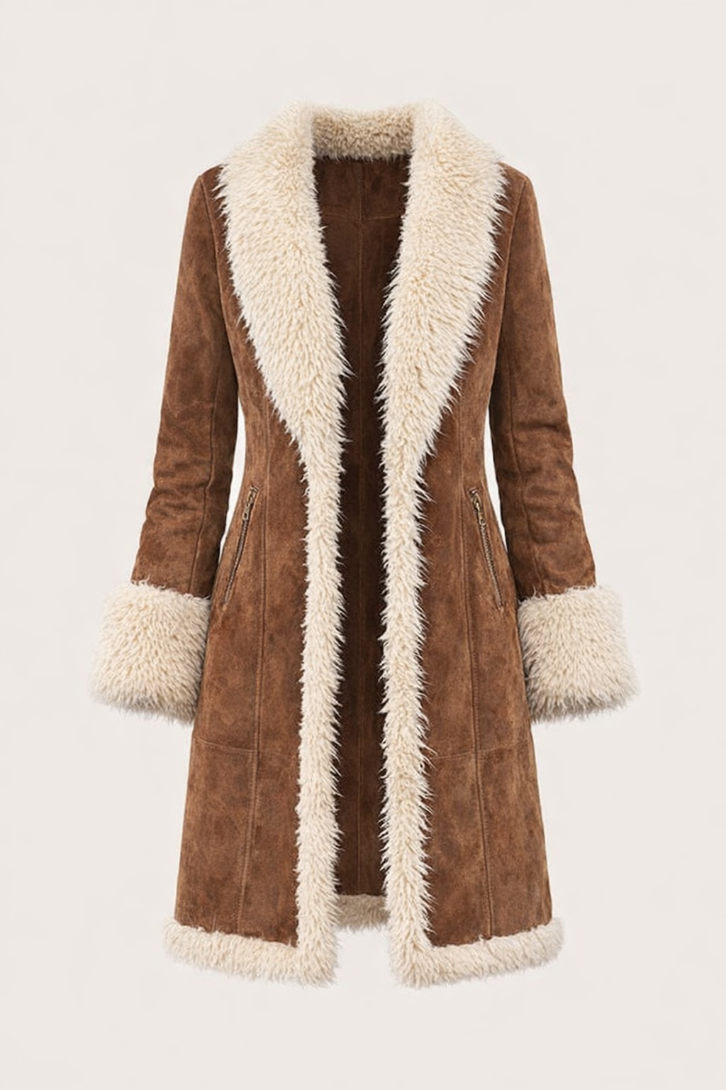 Suede Knee-Length Coat with Patchwork Design - 1