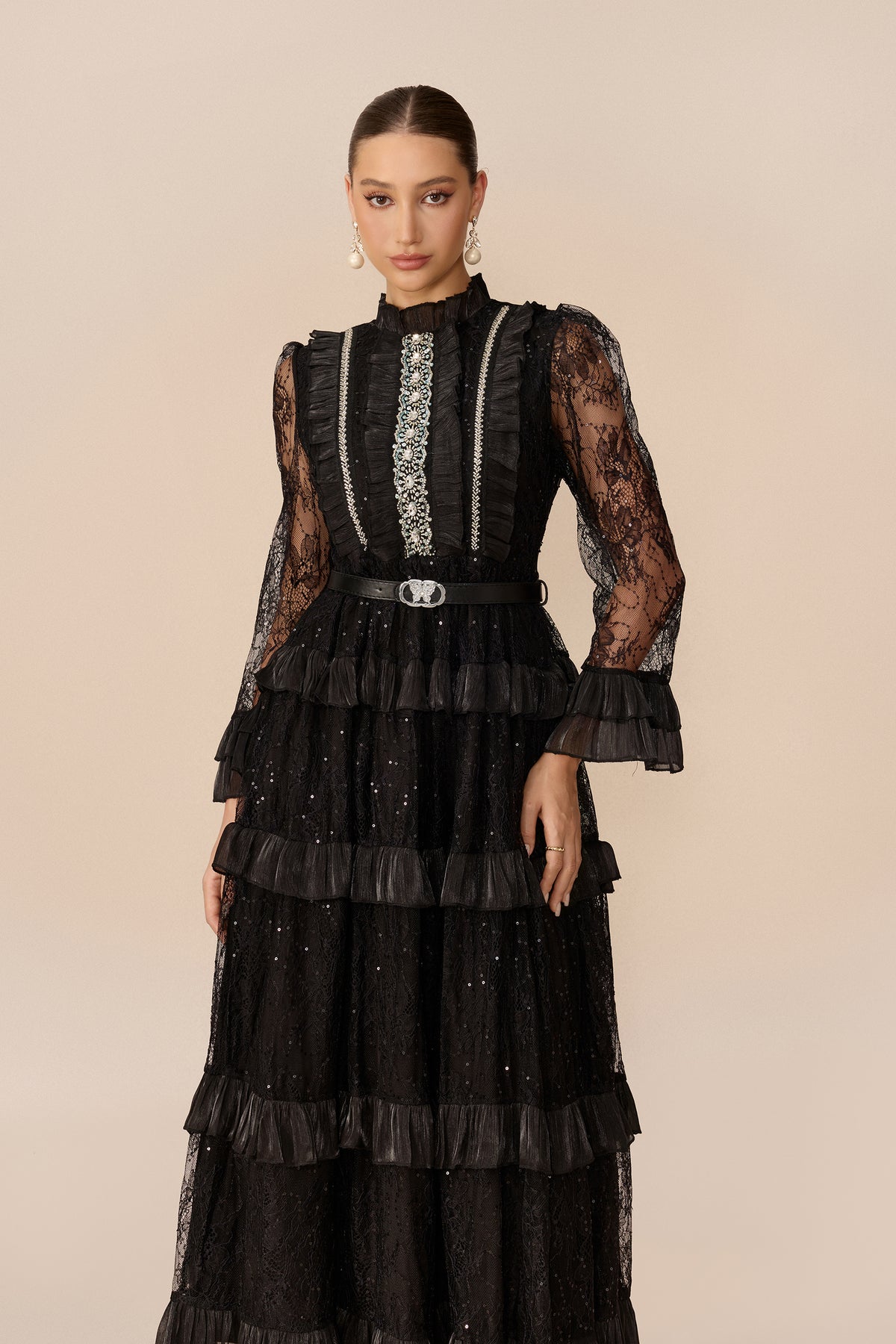 Ruffle Collar Tiered Lace Maxi Dress - view 3