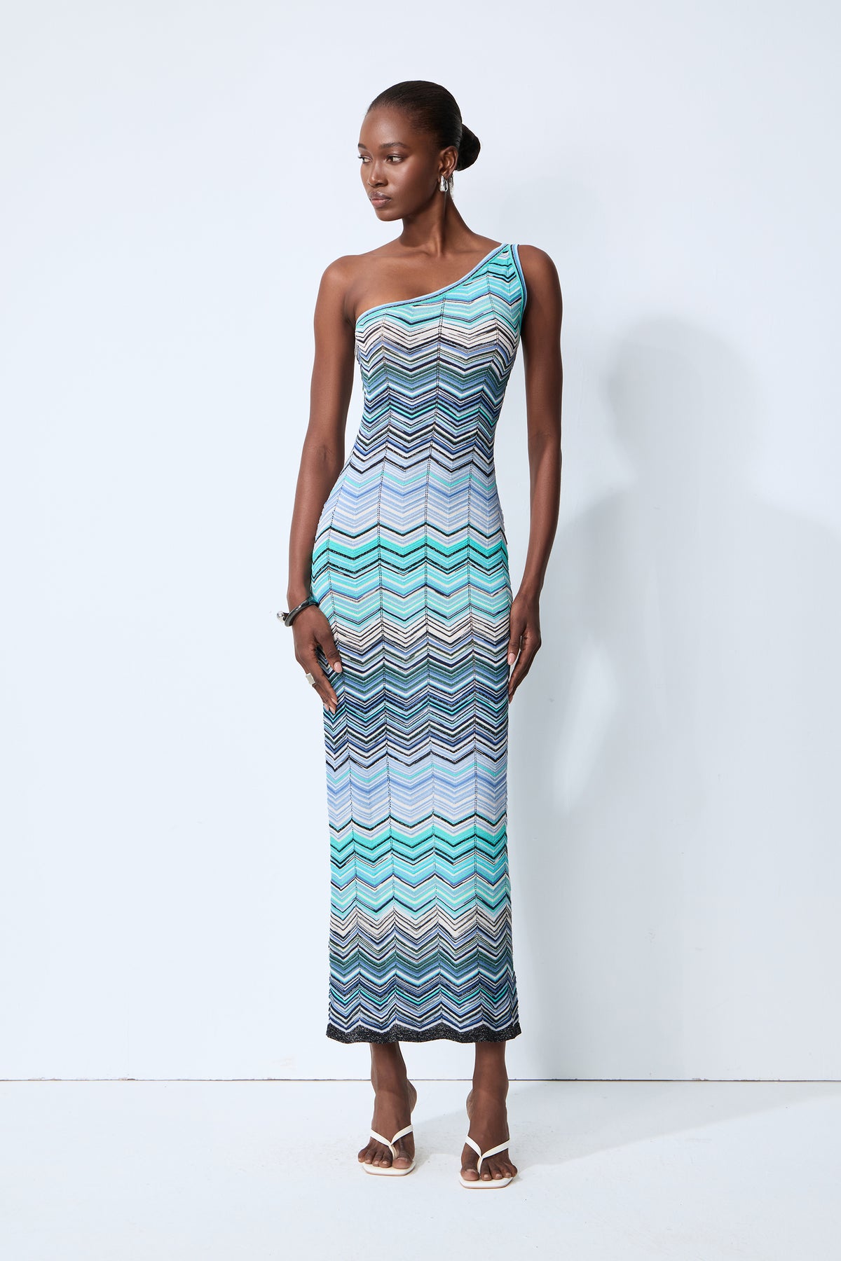 Knit Chevron One Shoulder Midi Dress - 2