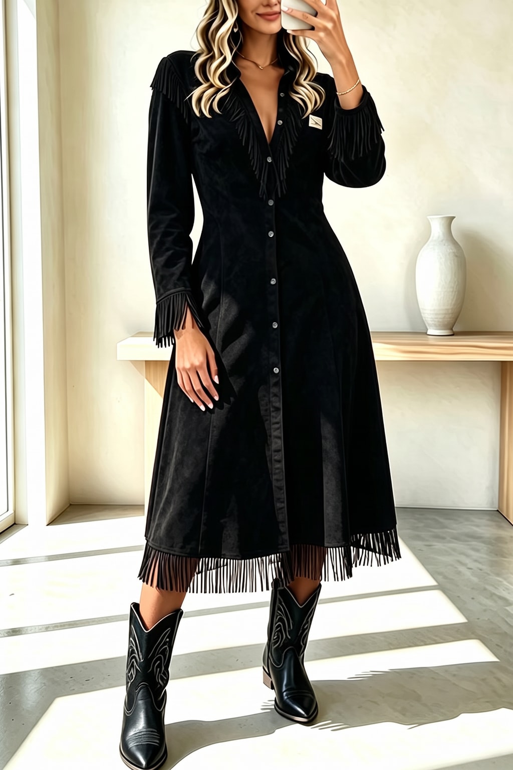 Suede Midi Dress With Fringe Tassel Trim - 6