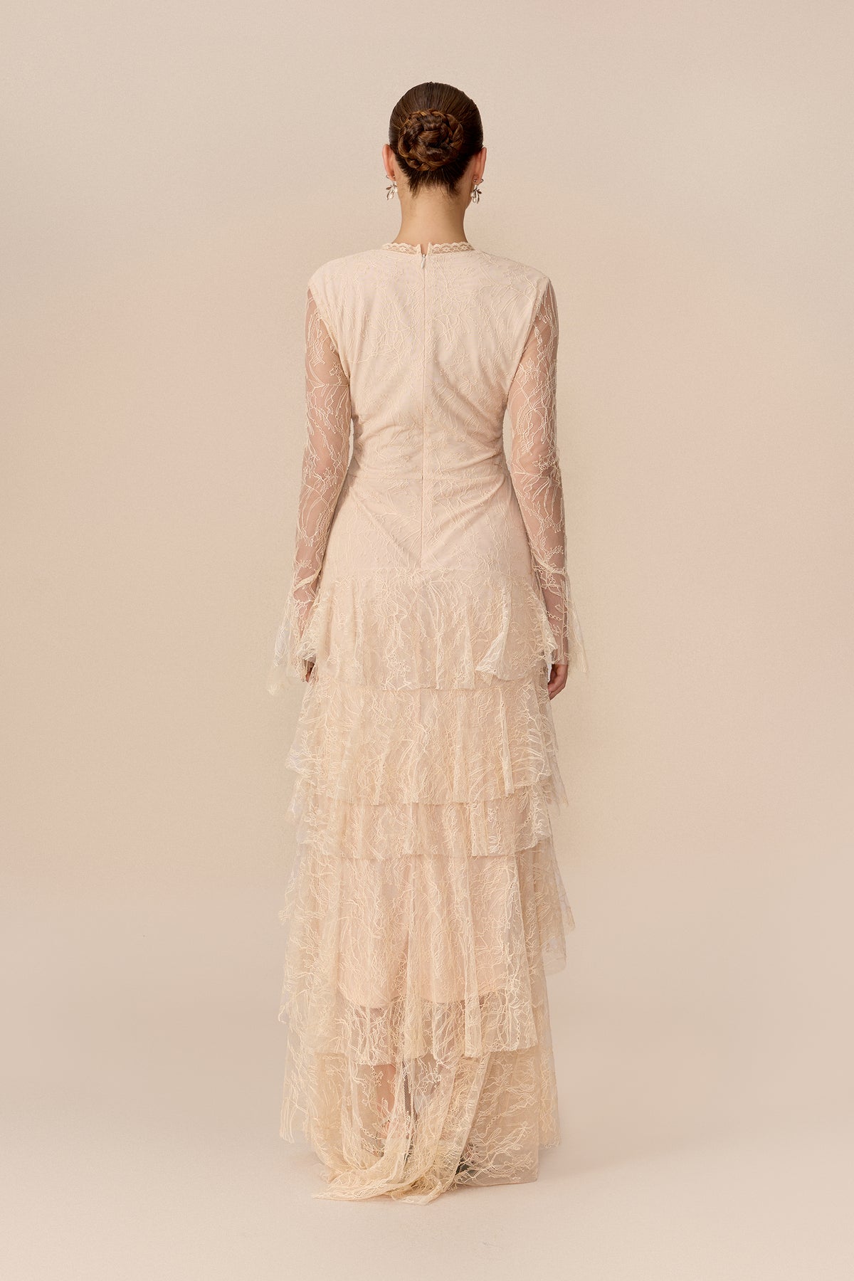 Beige sheer lace tiered ruffle maxi dress - view 4