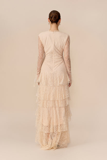 Beige sheer lace tiered ruffle maxi dress - view 4