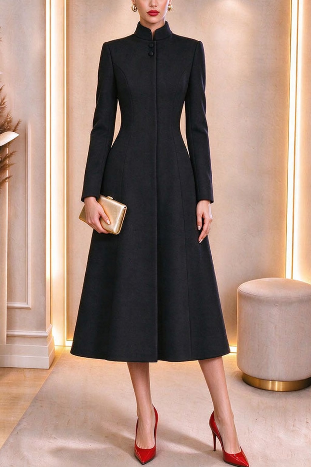 Polyester Midi Dress With Stand Collar And A-line Cut - 2