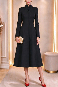 Polyester Midi Dress With Stand Collar And A-line Cut - 2