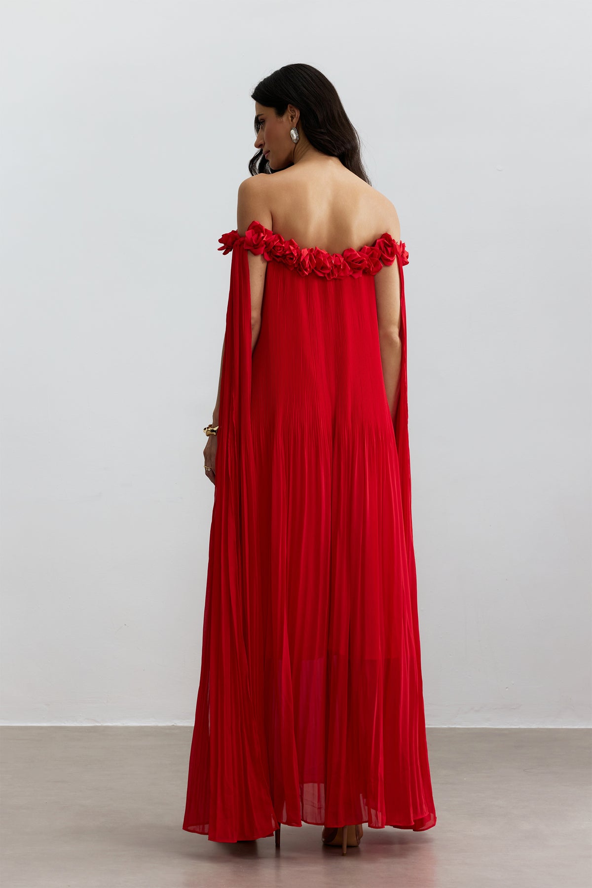 Off-Shoulder Rosette Maxi Dress in Red - view 5