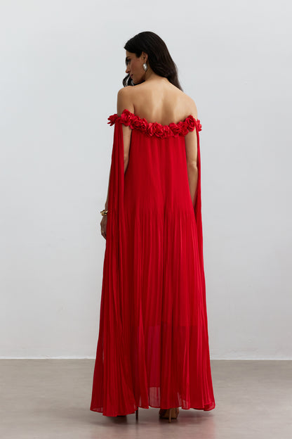 Off-Shoulder Rosette Maxi Dress in Red - view 5