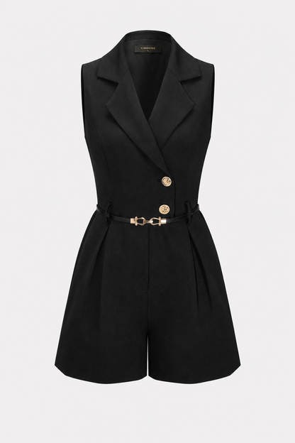 Black woven belted blazer romper