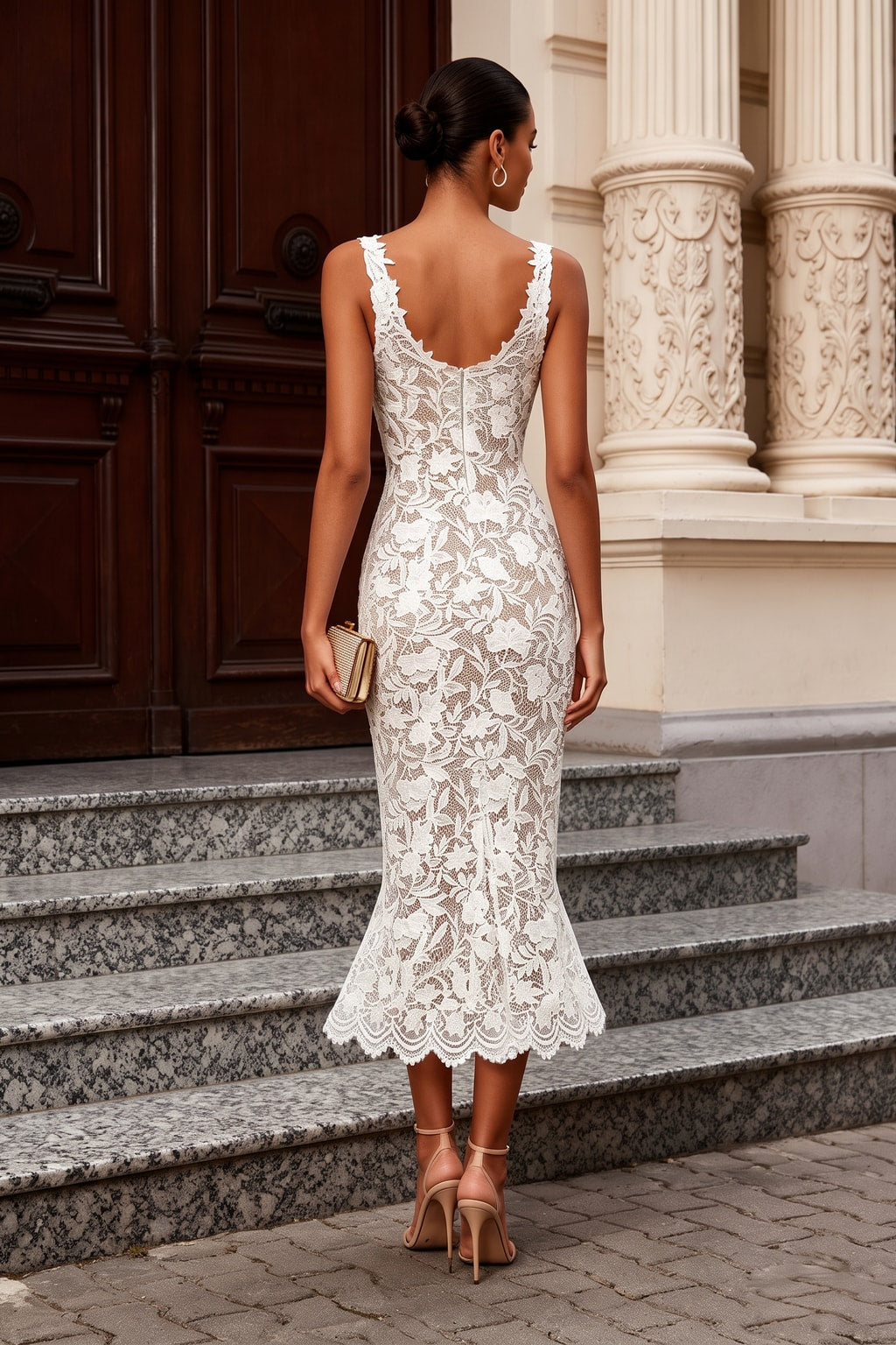 White Lace Mermaid Midi Dress With Sweetheart Neckline - 3