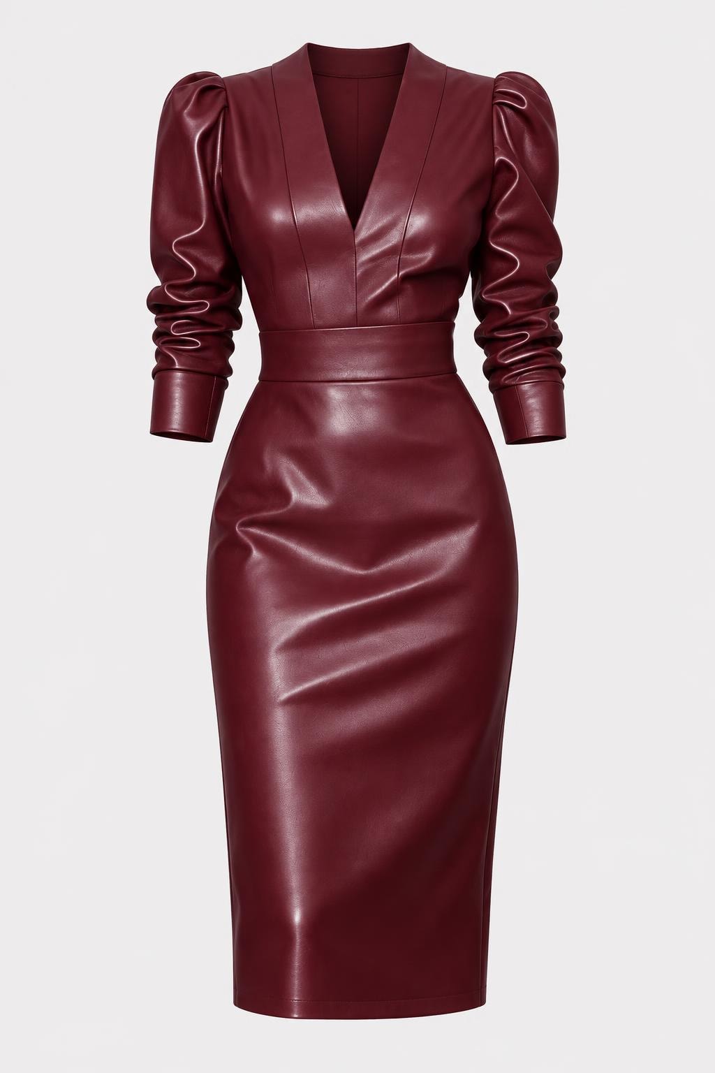 Faux Leather V-Neck Midi Dress - 1