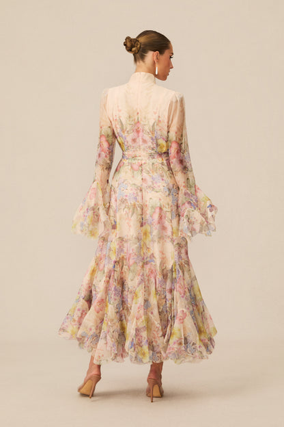 Floral Maxi Dress with Ruffle Cuffs and Tie Belt - view 4