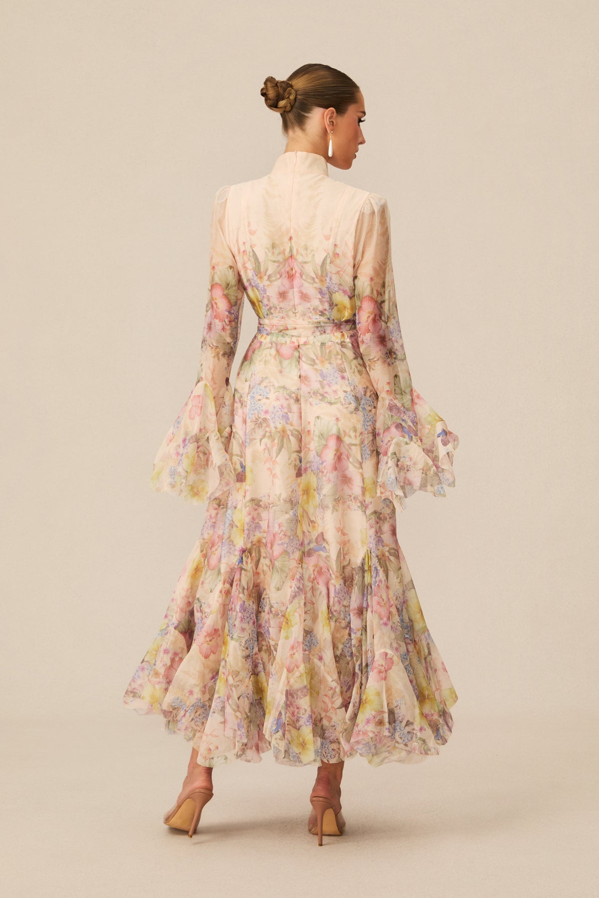 Floral Print Maxi Dress With Ruffle Cuffs And Tie Waist Belt - 4