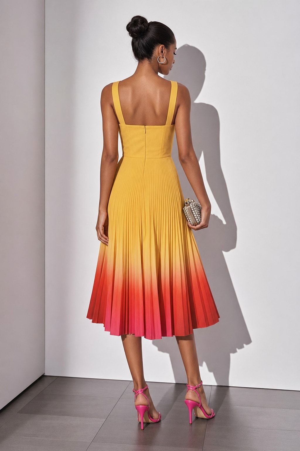 Pleated Ombre Square Neck Sleeveless A-Line Midi Dress - 3