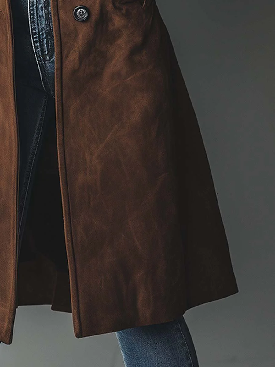 Faux Suede Longline Trench Coat with Pockets - view 8