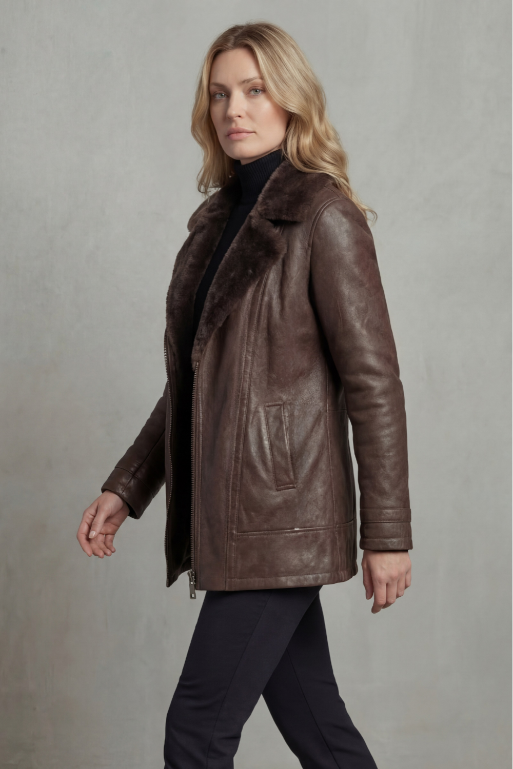 Brown Faux Leather Jacket with Shearling Collar - view 4
