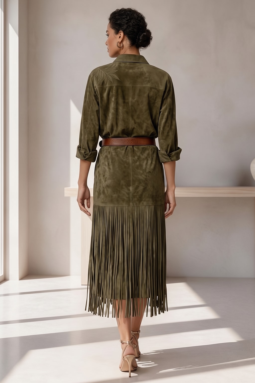 Faux Suede Midi Shirt Dress With Fringed Hem - 4