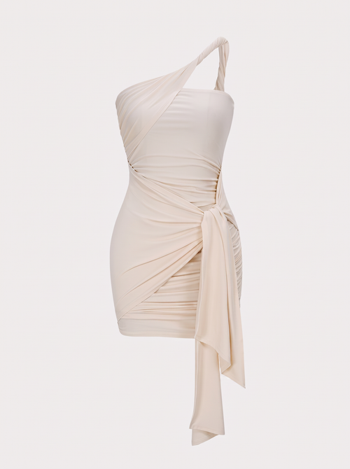 Twist Knot One-Shoulder Ruched Mini Dress