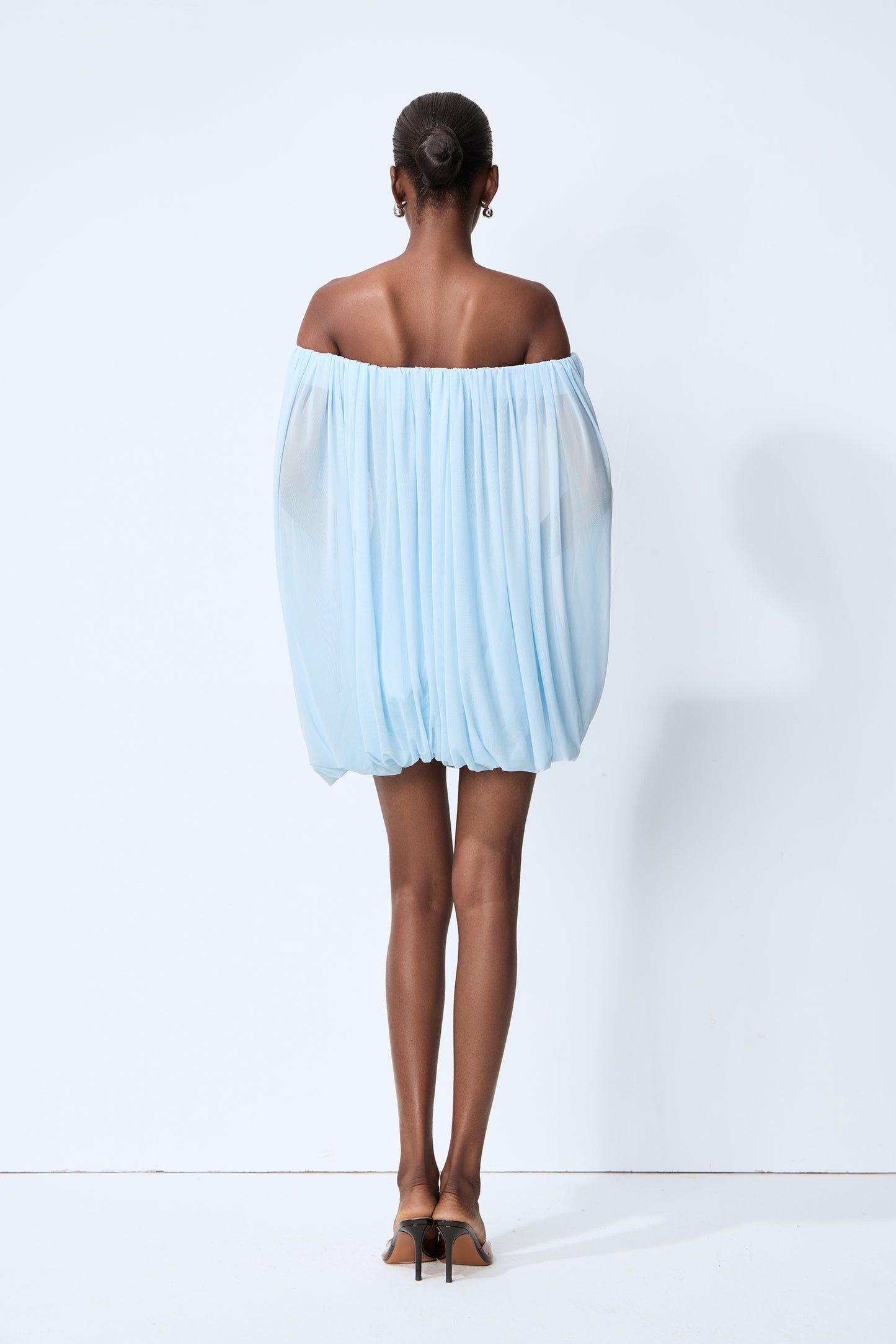 Blue off-shoulder ruched mini dress with built-in shorts - view 4