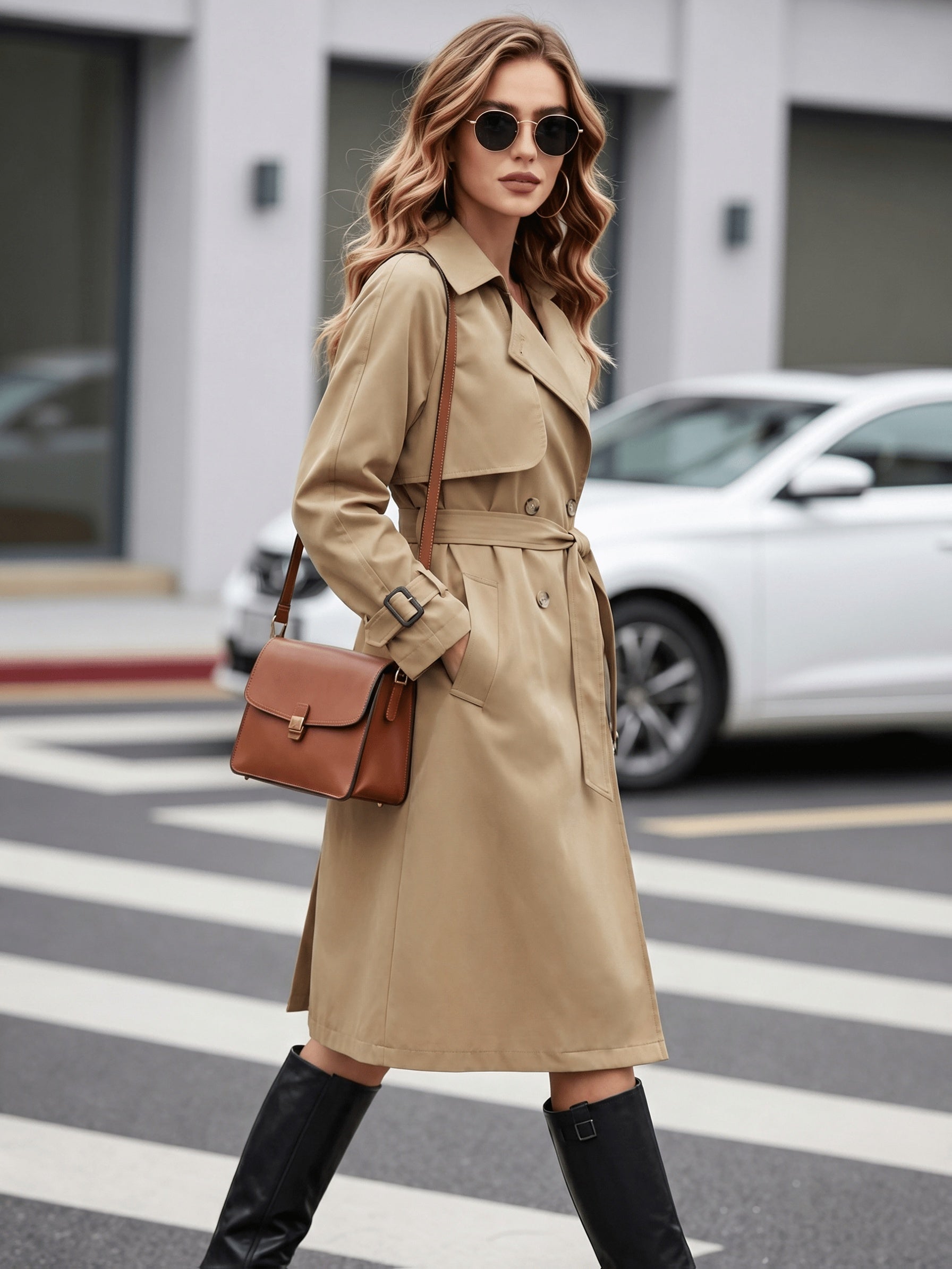 Khaki Double-Breasted Belted Trench Coat - view 2