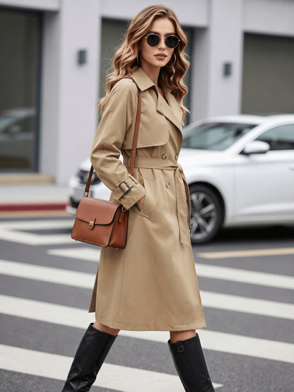 Khaki Double-Breasted Belted Trench Coat - view 2