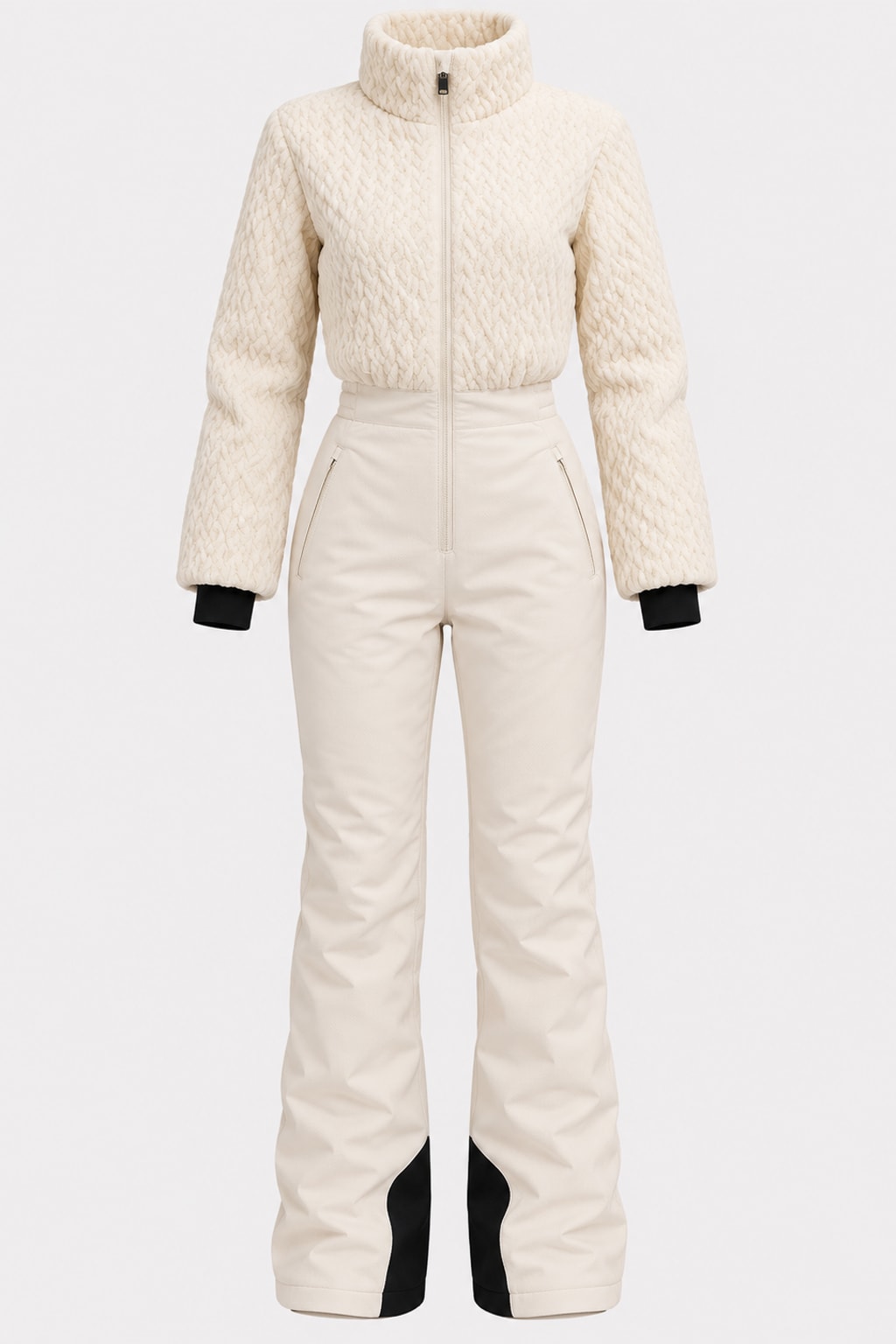 Broadcloth Ski Jumpsuit Quilted Stand Collar Cream - 1