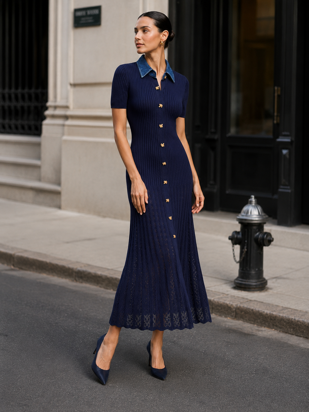 Ribbed knit maxi dress with denim collar - view 2