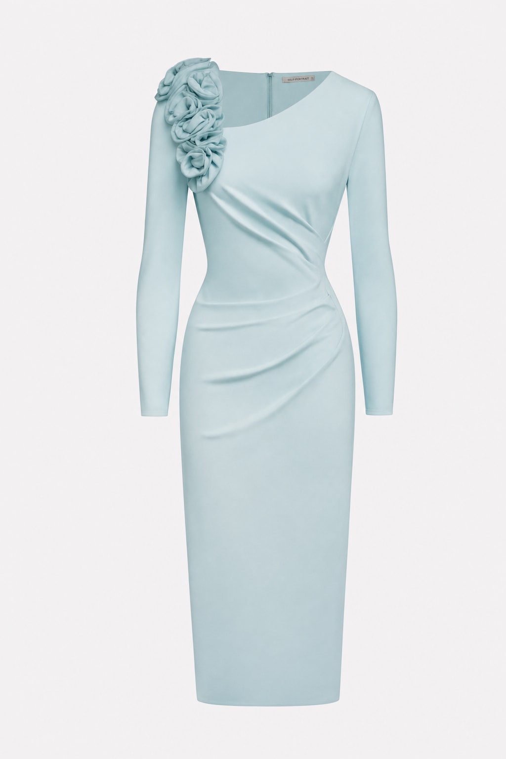 Knit Midi Dress With Light Blue 3D Floral Ruching - 1