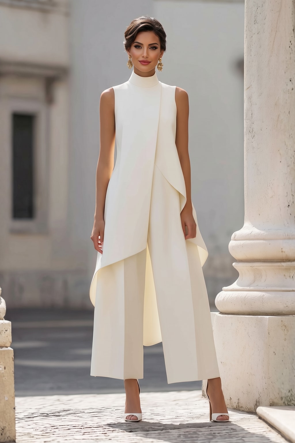 Sleeveless Wide-Leg Jumpsuit With Asymmetric High Neck - 2