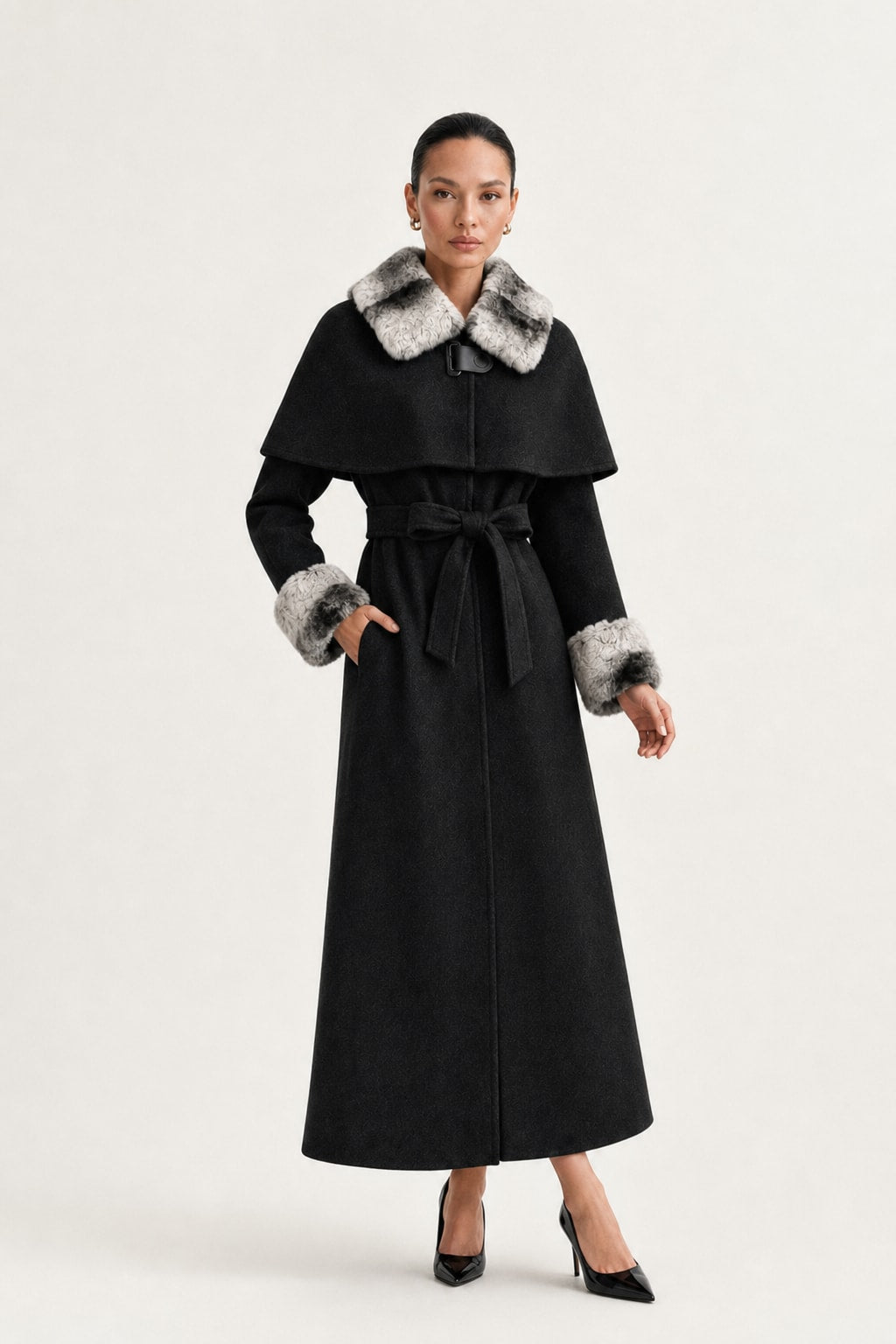 Double-Faced Wool Cape With Rabbit Fur Collar - 6